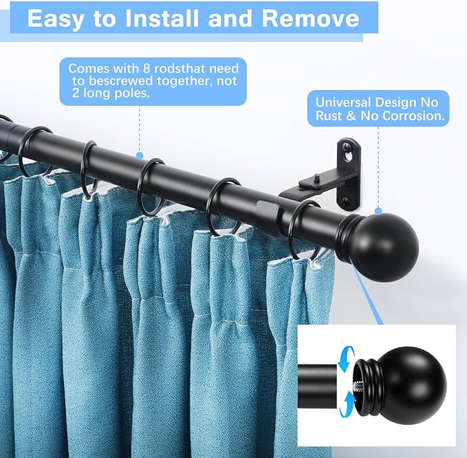 Curtain Rods for Windows 16 to 120 Inches, Curtain Rod Max Adjustable Length of 132 IN, 1" Diameter Drapery Rods Round Finials, Black, Pack of 2