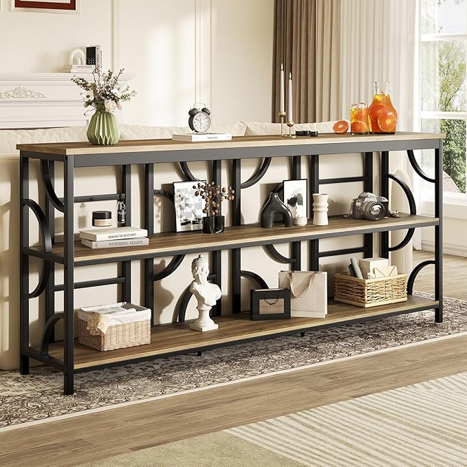 70.9-Inch Industrial Sofa Table, Extra Long Console Table Behind Couch with 3-Tier Storage Shelves, Rustic Brown Finish for Entryway, Living Room, Foyer, Hallway, and Office
