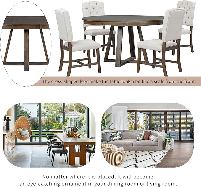 5 Pieces Dining Table Set with 42" Table,Living Room Furniture W/ 4 Upholstered Chairs,Tabletop Can be Adjusted from Round to Oval in Shape,for Restaurant,Home Bistro,Walnut