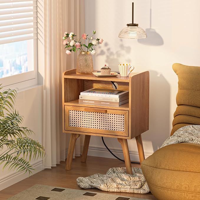 Lerliuo Rattan Nightstands Set of 2 with Charging Station, Side Table with Drawer, Cane Accent Bedside End Table with Solid Wood Legs, Night Stand for Bedroom, Dorm and Small Spaces (Tea Brown)