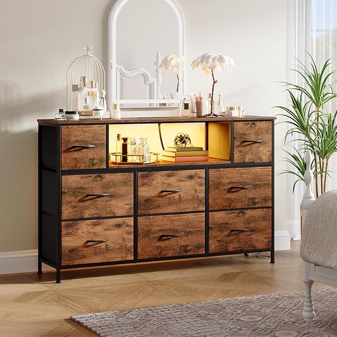 Somdot Dresser TV Stand, TV Stand Dresser for Bedroom, Fabric Storage Tower with 8 Drawers, Fabric Chest for Living Room, Hallway, Entryway, Closets,Easy Pull Handle, Wood Grain Print