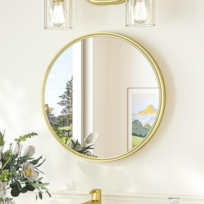 TokeShimi 18 in Brushed Gold Wall Mirror Framed Round Bathroom Mirror for Over Sink Shatterproof, 18 x 18 Farmhouse Mirror Circle Metal Wall Mirrored for Living Room, Entryway, Bedroom, Vanity