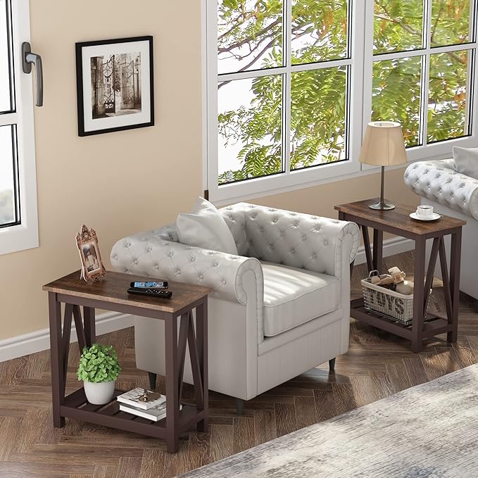 ChooChoo Farmhouse End Table, Rustic Vintage Narrow End Side Table with Storage Shelf for Small Spaces, Nightstand Sofa Table for Living Room, Bedroom Espresso 2 Pack
