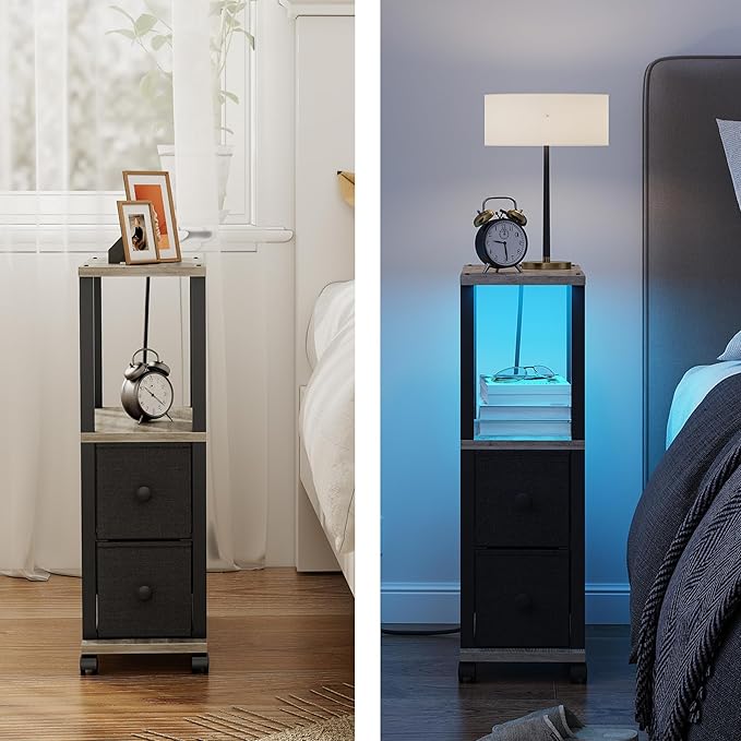 TUTOTAK Small Narrow End Tables, LED Side Tables with 2 Fabric Drawers, Set of 2, Bedside Tables with Charging Station for Small Spaces, Slim Nightstands with USB Ports and Wheels, TB01BG053L