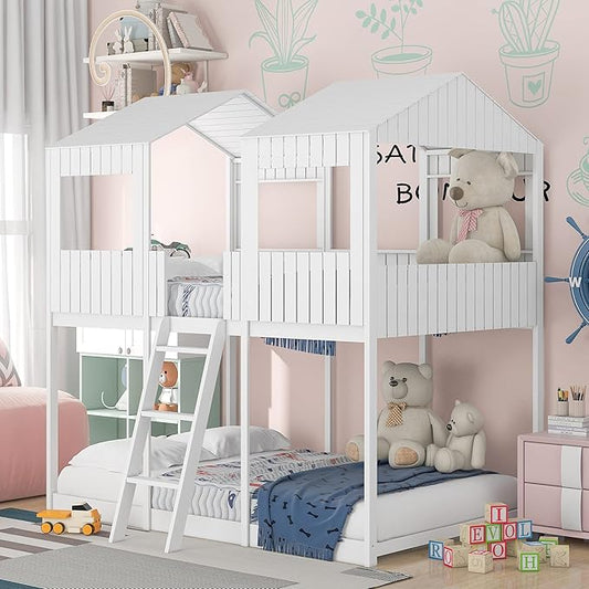 Ball & Cast Full Over Full Size Playhouse Bunk Bed with Roof and Window,Wood Bunkbed w/Full-Length Guard Rail & Ladder,Slat Support,Space Saving,Bedroom Furniture for Student Dorms,White