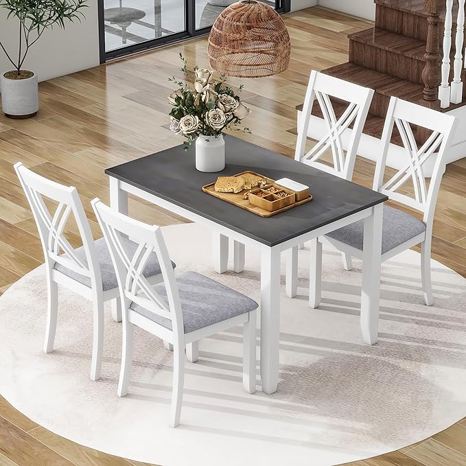 Ball & Cast Dining Table Set for 4 with 4 X-Back Chairs,5-Piece Wooden Living Room Furniture W/ 44.5" Rectangle Kitchen Desk,for Small Space,Apartment,Dining Room,Grey