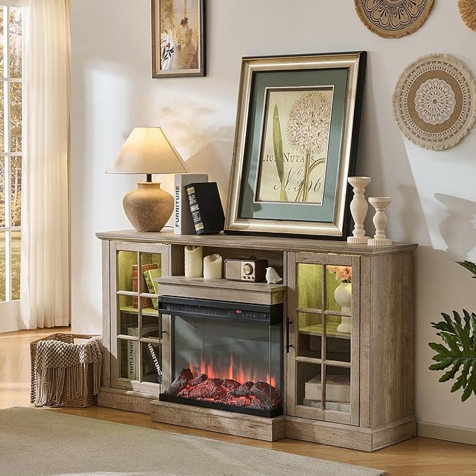 ROCKPOINT 3 Sided Glass 59" Fireplace TV Stand for TVs up to 65", Media Entertainment Center with Glass Door Storage Cabinet for Living Room,24" Electric Fireplace & Adjustable LED Light,Grey