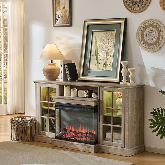 ROCKPOINT 3 Sided Glass 59" Fireplace TV Stand for TVs up to 65", Media Entertainment Center with Glass Door Storage Cabinet for Living Room,24" Electric Fireplace & Adjustable LED Light,Grey