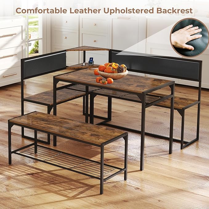 Corner Dining Table Set for 4-6, Breakfast Nook Table Set with Charging Port, Corner Kitchen Table with Storage & Bench, Farmhouse Corner Dining Table Set for Dining Room, Kitchen - Brown