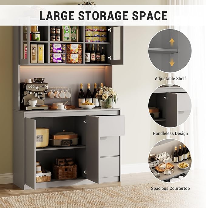 Kitchen Pantry Cabinet,71" Tall Storage Cabinet with Doors and Shelves Adjustable, Kitchen Storage Hutch with Microwave Shelf, Led Lights and Charging Station,Corner Pantry Cabinet,Grey