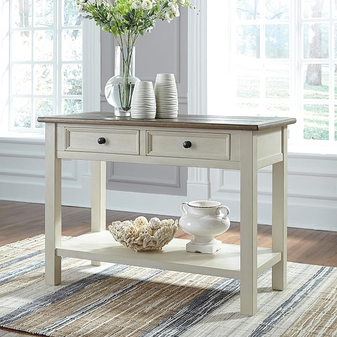 Signature Design by Ashley Bolanburg Farmhouse Rectangular Two Tone Sofa Table, Antique Cream