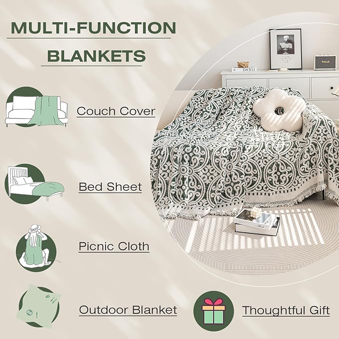 STACYPIK Green Jacquard Sofa Cover - Anti-Scratch Chenille Furniture Protector for 3 Cushion Couch - French Floral Dog Pet Cushion Protector - Futon Cover 71x150IN