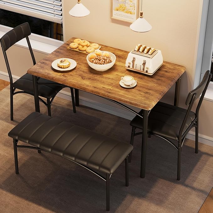 Garvee Dining Table Set for 4, Kitchen Table with Upholstered Bench and 2 Chairs, 4-Piece Wooden Dining Table Set for Apartment, Dining Room, Small Space, Brown