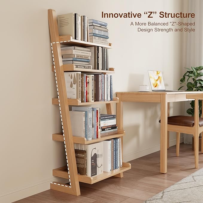 Wooden Ladder Shelf with Edges, 5-Tier Modern Leaning Bookshelf Ladder – Stylish Space-Saving Bookcase for Living Room, Bedroom & Home Office