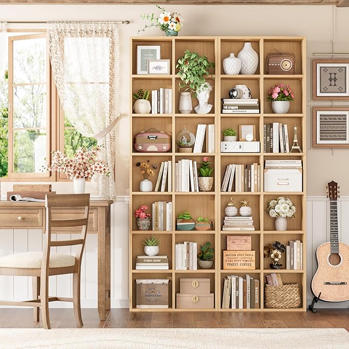 FOTOSOK 71’’ Narrow Bookshelf and Bookcase, Wooden Shelf 7 Tier Media Storage Tower Rack, CD DVD Storage Tower Rack with Adjustable Shelves,Double Wide Slim Bookshelf Cube Storage Organizer, Natural