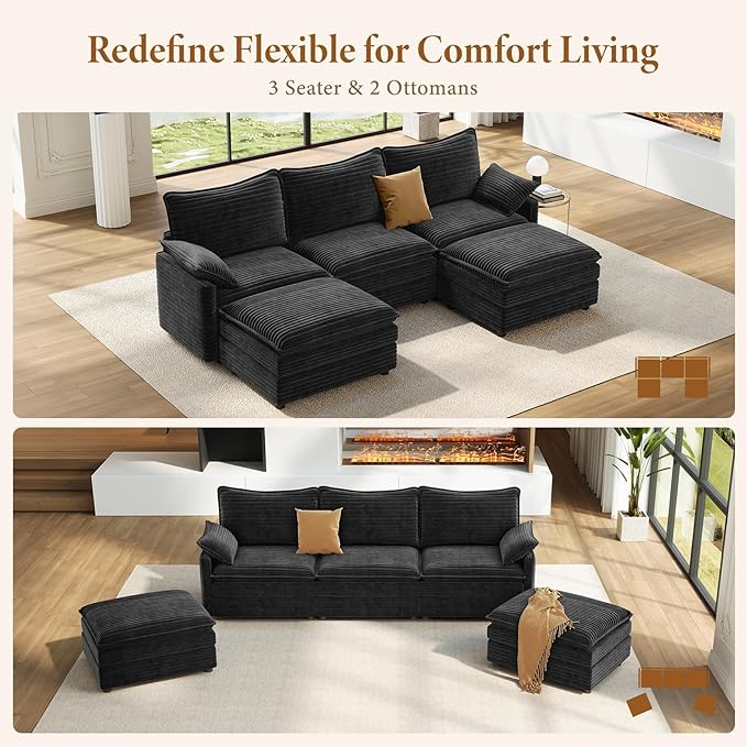Vesgantti 108" U Shaped Sectional Couch, Comfy Cloud Modular Sectional Sofa with 2 Ottoman Deep Seat Corduroy Modern Cloud Sofa, Modular Sofas for Living Room, Bedroom and Apartment, Gray