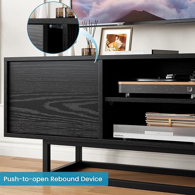 HAIOOU TV Stand for 50 55 Inch TV, Modern TV Console Small Entertainment Center with Sturdy Metal Base, Push-to-Open Doors and Soft-Close Hinges for Living Room, Bedroom - Wood Grain Black