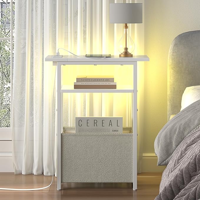 Narrow Side Table with Charging Station, LED End Table for Small Spaces, Skinny White Nightstands with Storage Basket, 3 Tier Sofa Bedside Tables for Living Room,Bedroom, White