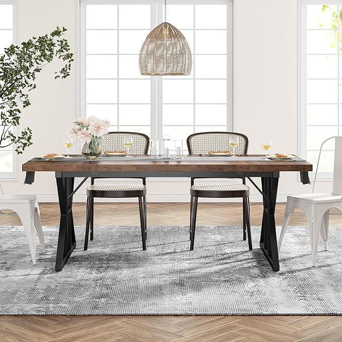 Tribesigns Farmhouse Dining Table for 6 People, 70.8-Inch Rectangular Wood Dining Table, Rustic Kitchen Table with Heavy Duty Metal Legs for Dining Room