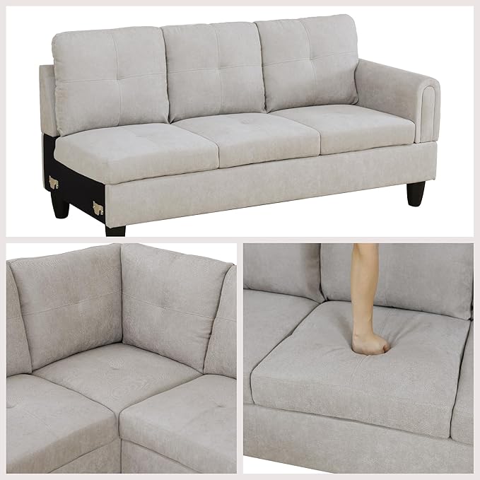 L Shaped Couch Sectional Couches with Chaise, Fluffy Fabric 3 Pieces Modular Convertible Sofa for Living Room Furniture Sets and Small Apartment, Light Grey
