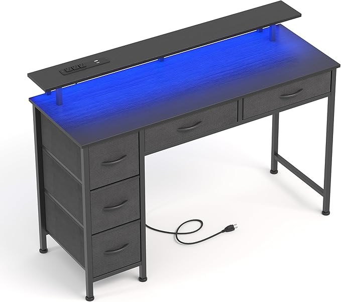 Computer Desk with 5 Drawers, Gaming Desk with LED Lights Power Outlets and Type-C, 47 Inch Office Desk with Storage, Monitor Stand, Writing Desk Work Table for Home Office, Small Spaces, Black