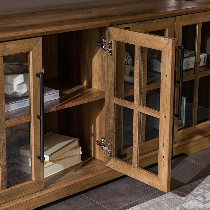 Walker Edison Farmhouse Barn Glass Door Wood Universal TV Stand for TV's up to 64" Flat Screen Living Room Storage Cabinet Doors and Shelves Entertainment Center, 58 Inch, Rustic Oak