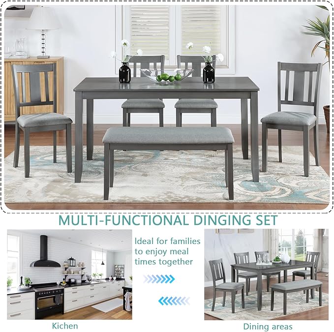 KEIKI 6-Piece Standard Height Dining Table Set with Rectangular Table, 4 Upholstered Slatted Backrset Chair, Bench, for 6 Person, Modern Style Table Set, Easy Assembly, for Kitchen, Dining Room, Gray