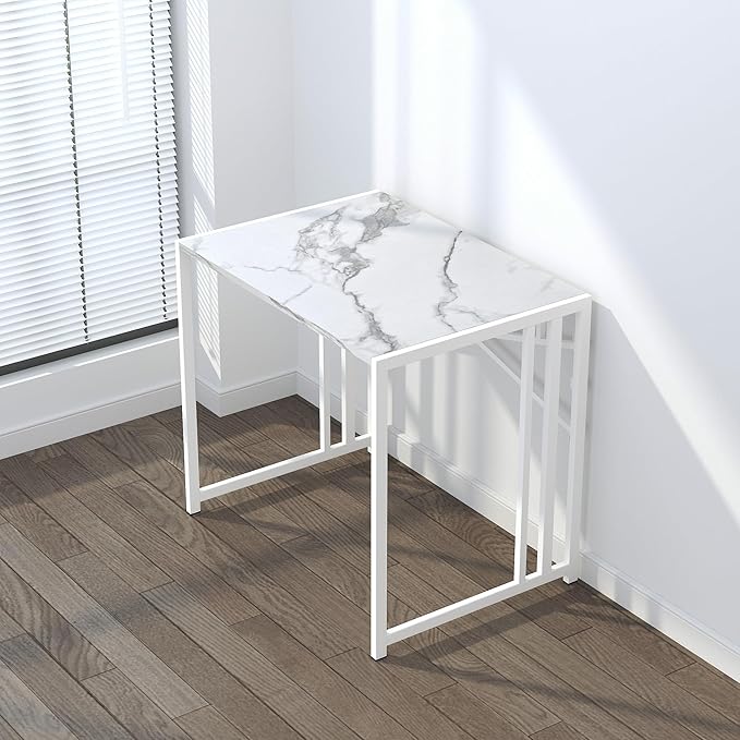 32 inch Folding Small Desk, Writing Gaming Computer Camping Desk for Small Spaces, No Assembly Required Home Office Desk, White Marble