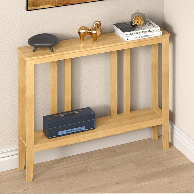 ELYKEN Console Tables for Entryway, 36.2" Long 2 Tier Hallway Table Behind Couch, 7” Narrow Sofa Table for Entrance, Entry, Living Room, Natural
