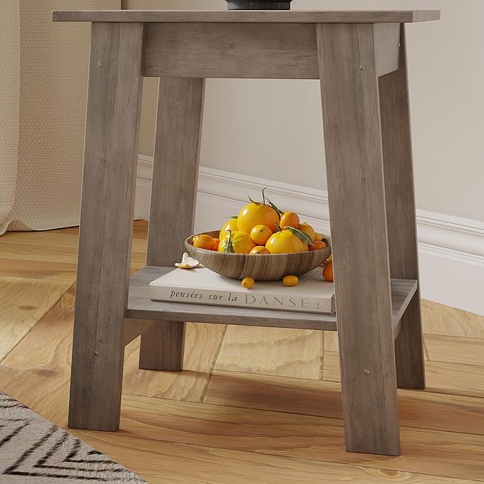 End Table with Double Storage Shelves, Small Space Side Table for Farmhouse Bedroom, Studio Apartment, Entryway, Grey