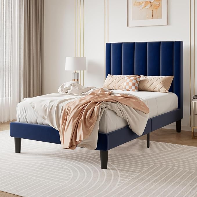 SHA CERLIN Twin Bed Frame/Velvet Upholstered Platform Bed Frame with Headboard/Strong Wood Slats Support/Mattress Foundation/No Box Spring Needed - Dark Blue