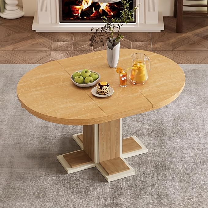 Mid-Century Modern Extendable Round Table with 16" Removable Leaf, Expandable Circular to Oval (42" to 58") Solid Wood Tabletop with Cross Design Trestle Legs for Kitchen Dining/Living Room