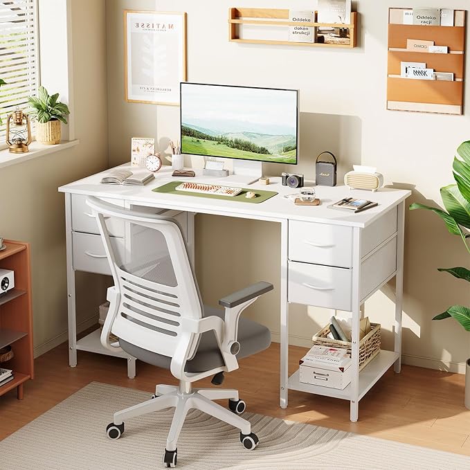 Computer Desk with 4 Drawers, 47 Inch Office Table with Storage, Gaming with CPU Shelves, Writing Desk Workstation for Home Office, Study, Bedroom, Work from Home, White