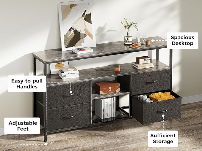 Huuger 47 Inch TV Stand Dresser with Power Outlets and LED Lights, 4 Drawers Entertainment Center with Open Shelf, Media Console for 55 50 Inch TV, Dresser with PU Finish, Grey and Black