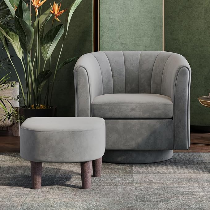LINSY Swivel Accent Chair with Ottoman: Small Velvet Barrel Chair 360 Swivel Modern Armchair, Upholstered Reading Chair with Footrest for Living Room Bedroom Study Room (Grey)