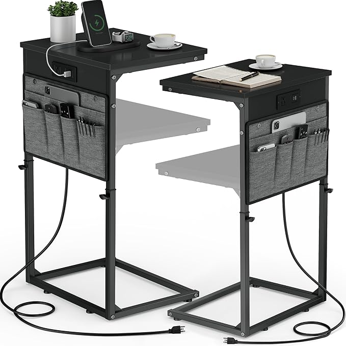 Vagusicc C-Shaped End Table Set of 2 with Charging Station, Small Side Table for Couch, Adjustable Height Couch Side Table, Slide Under Sofa Table TV Tray Tables for Living Room,Bedroom,Bedside, Black