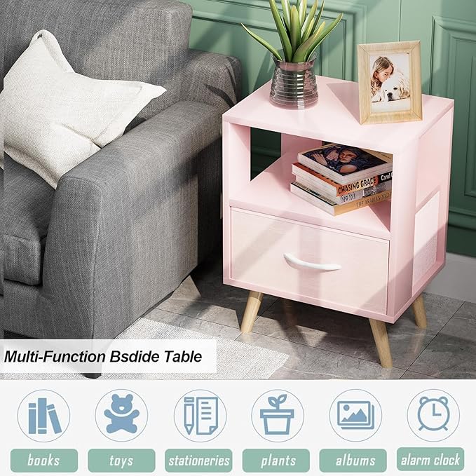 Night Stand, Pink Kids Nightstand with Drawer, Nursery Side Table with Open Storage, 2-Tier Modern End Table, Bedside Table for Small Space, Living Room, Bedroom