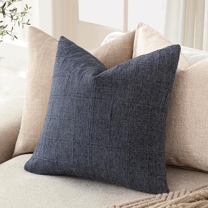 Foindtower Set of 2 Decorative Linen Check Throw Pillow Covers Neutral Farmhouse Vintage Cushion Covers Modern Boho Home Decor for Sofa Chair Couch Bedroom Living Room Outdoor,20×20 Inch,Navy Blue