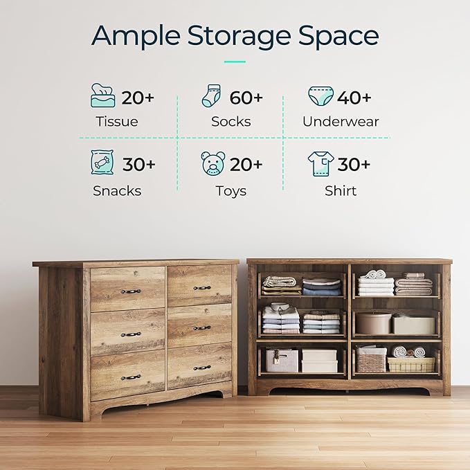 LINSY HOME 6 Drawers Dresser for Bedroom, Wood Bedroom Dresser Modern Drawer Chest, 6 Chest of Drawer, Tall Dresser for Closet, Dressers Organizer for Living Room, Closet, Hallway, Nursery
