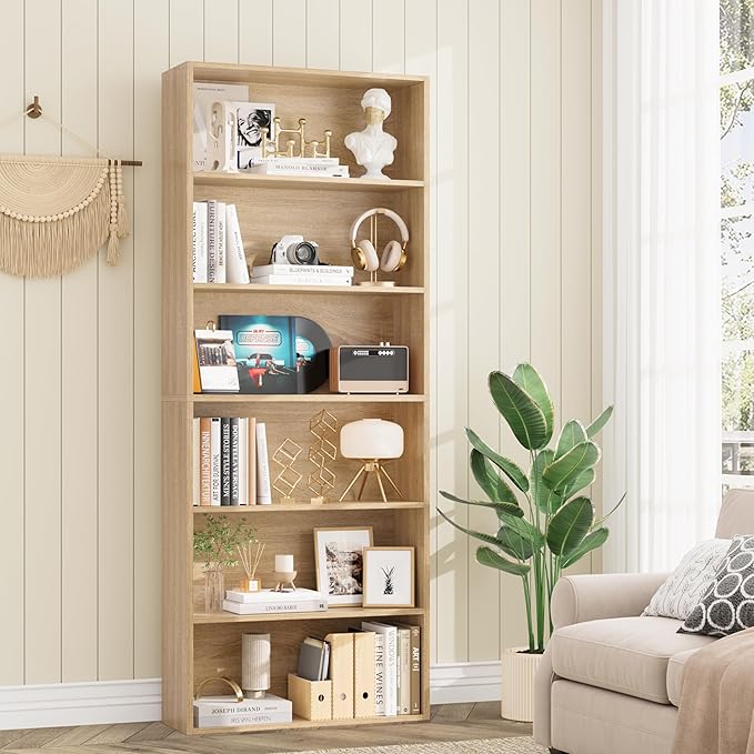 FOTOSOK 6-Tier Open Bookcase and Bookshelf, Freestanding Display Storage Shelves Tall Bookshelf Bookcase for Bedroom, Living Room and Office, Light Oak