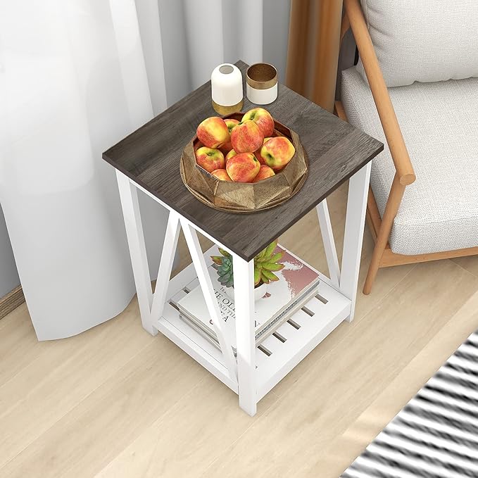 Farmhouse Square End Table, Accent Side Table with Slats Design, Sofa Side Table with Sturdy Frame for Living Room, Dark Grey