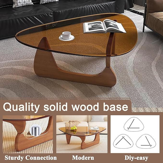 Modern Glass Coffee Table for Living Room mid Century Small Coffee Table Stylish Coffee Tables, Suitable for Bedroom Living Room Reception Office Tables（Walnut/Brown，Small）