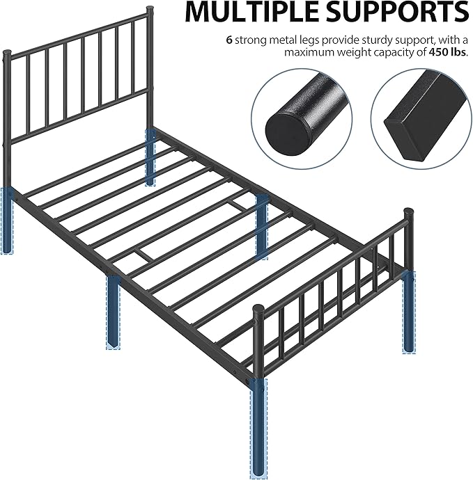 Yaheetech Twin Bed Frame Metal Platform Bed Frame Mattress Foundation with Spindle Headboard & Footboard/No Box Spring Needed/14 Inch Underbed Storage/Firm Support & Easy Set up Structure, Black
