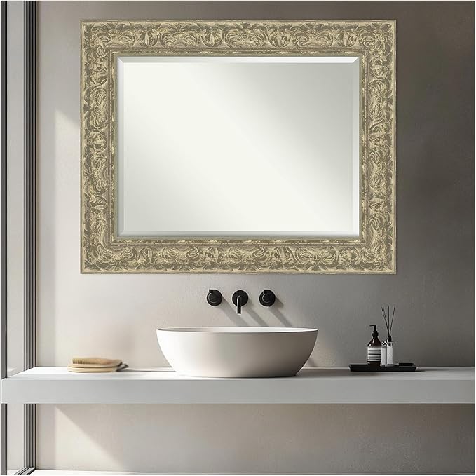 Amanti Art Silver Bathroom Mirror for Over Sink, 31x25 Luxe Antique Silver Rectangle Vanity Mirror, Medium Traditional Frame, Hangs Horizonally and Vertically, Bathroom Wall Decor, Beveled Edge