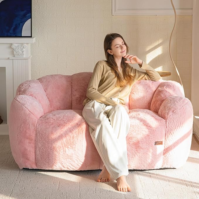 MAXYOYO Bean Bag Chair for Adults, Loveseat Floral Shaped Bean Bag Sofa, Ultra Soft Love Seat Mini Sofa Couch, Faux Fur Reading Chair for Living Room Bedroom, Pink