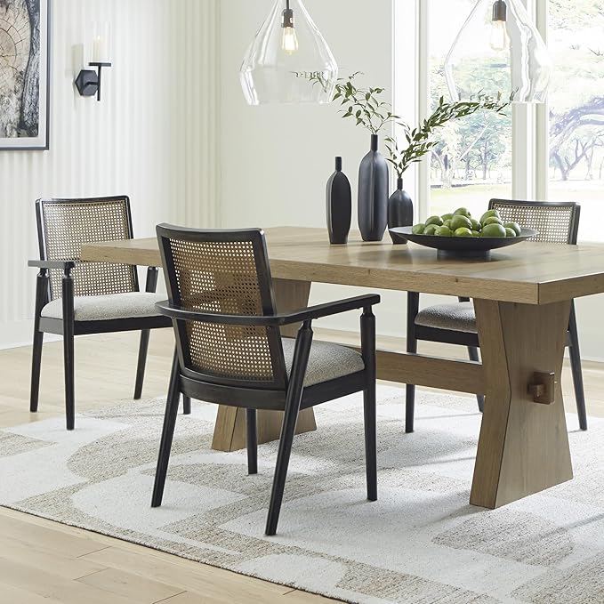 Signature Design by Ashley Galliden Rustic Solid Wood Upholstered Dining Arm Chair with Faux Cane Backrest, Set of 2, Light Brown & Black