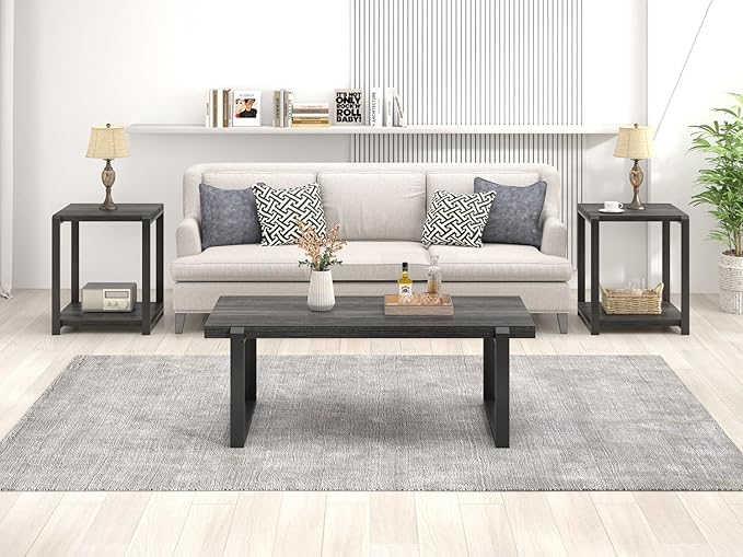 FOLUBAN Coffee Table, Modern Industrial Wood and Metal Center Table, Rectangle Cocktail Tea Table for Living Room, Dark Gray, 44 Inch