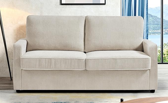 Reversible Sleeper Sofa Bed with Comfortable Memory Foam Mattress, Convertible Corduroy Full Size Pull Out Couch for Living Room, Space Saving Furniture, 70" Wide, Rectangular Arms, Ivory