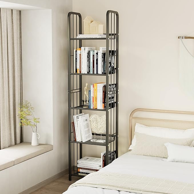 Bookshelf Storage Shelf Bookcase Freestanding Storage Stand for Living Room, Bedroom, Kitchen Rust Resistance Easy Assembly Free Combination Multi-Functional Organizer (5 Tiers, Black)