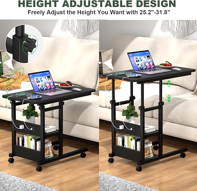 C Shaped End Table Height Adjustable - Couch Side Table with Charging Station, TV Tray with Wheels Slide Under Sofa for Small Spaces, Living Room Bedroom, Black